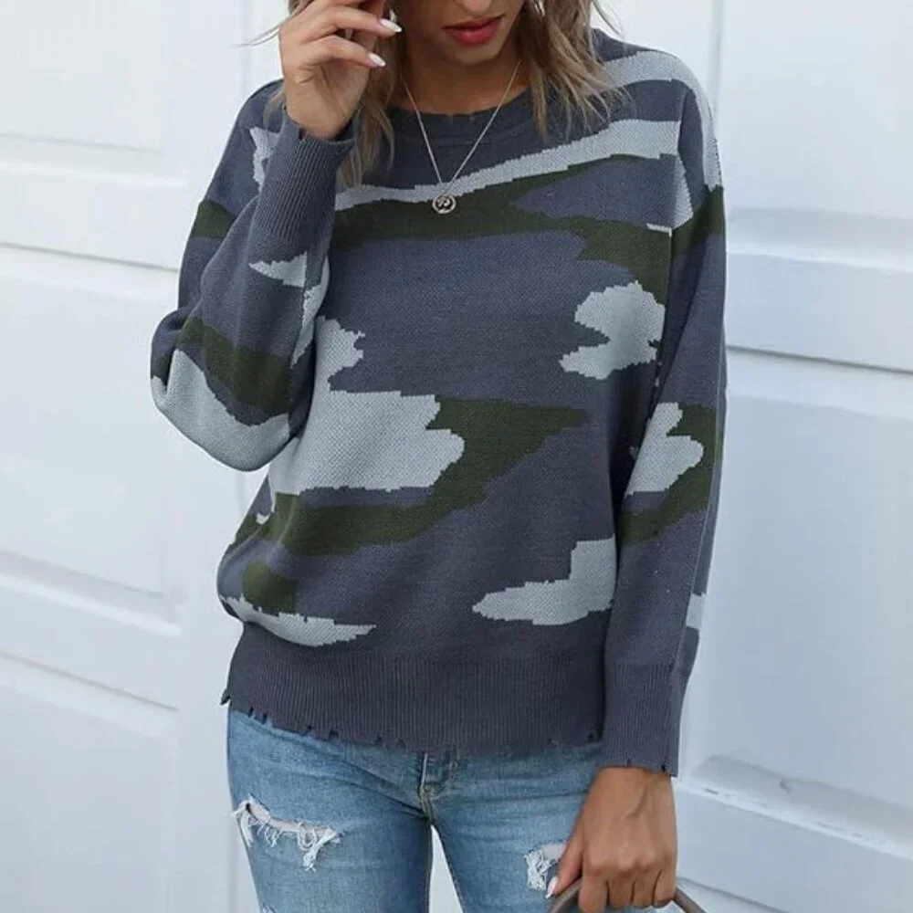 Camouflage Print Distressed Crew Neck Long Sleeve Sweater